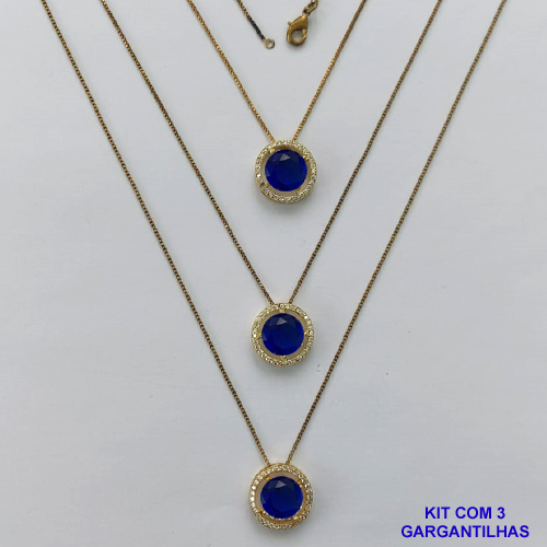 GARGANTILHA NO BRUTO PRONTA PARA O BANHO - KIT COM 3 GARGANTILHAS COM CORRENTES VENEZIANA 45CM E PINGENTES COM BASES EM ALTA FUSÃO REDONDAS CRAVEJADAS COM MICROS ZIRCÔNIAS CRISTAIS E PEDRA EM ZIRCÔNIA AZUL TURQUESA 10MM - PESO TOTAL 9,4GR - BRU15829