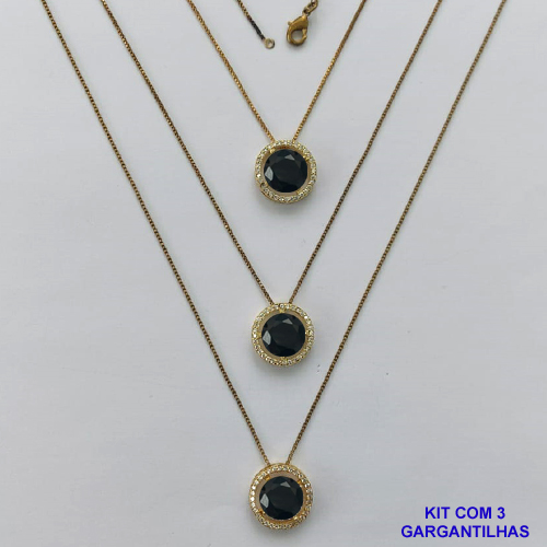 GARGANTILHA NO BRUTO PRONTA PARA O BANHO - KIT COM 3 GARGANTILHAS COM CORRENTES VENEZIANA 45CM E PINGENTES COM BASES EM ALTA FUSÃO REDONDAS CRAVEJADAS COM MICROS ZIRCÔNIAS CRISTAIS E PEDRA EM ZIRCÔNIA PRETA 10MM - PESO TOTAL 9,4GR - BR15832