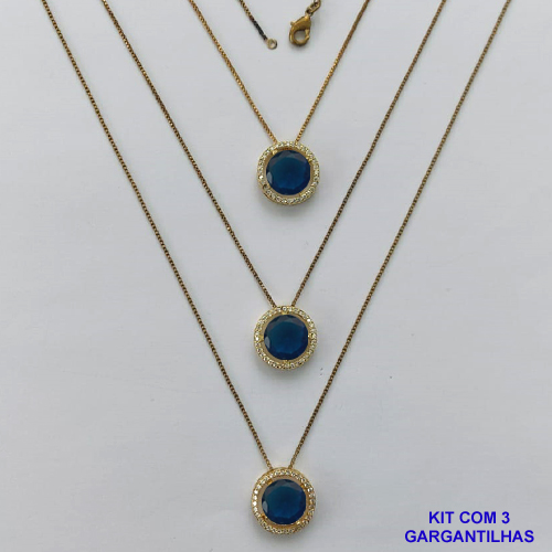 GARGANTILHA NO BRUTO PRONTA PARA O BANHO - KIT COM 3 GARGANTILHAS COM CORRENTES VENEZIANA 45CM E PINGENTES COM BASES EM ALTA FUSÃO REDONDAS CRAVEJADAS COM MICROS ZIRCÔNIAS CRISTAIS E PEDRA EM ZIRCÔNIA AZUL ESCURO 10MM - PESO TOTAL 9,4GR - BR15835