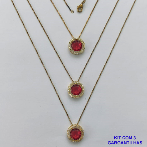 GARGANTILHA NO BRUTO PRONTA PARA O BANHO - KIT COM 3 GARGANTILHAS COM CORRENTES VENEZIANA 45CM E PINGENTES COM BASES EM ALTA FUSÃO REDONDAS CRAVEJADAS COM MICROS ZIRCÔNIAS CRISTAIS E PEDRA EM ZIRCÔNIA ROSA 10MM - PESO TOTAL 9,4GR - BR15838