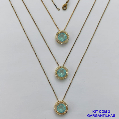 GARGANTILHA NO BRUTO PRONTA PARA O BANHO - KIT COM 3 GARGANTILHAS COM CORRENTES VENEZIANA 45CM E PINGENTES COM BASES EM ALTA FUSÃO REDONDAS CRAVEJADAS COM MICROS ZIRCÔNIAS CRISTAIS E PEDRA EM ZIRCÔNIA AZUL CLARA 10MM - PESO TOTAL 9,4GR - BR15842