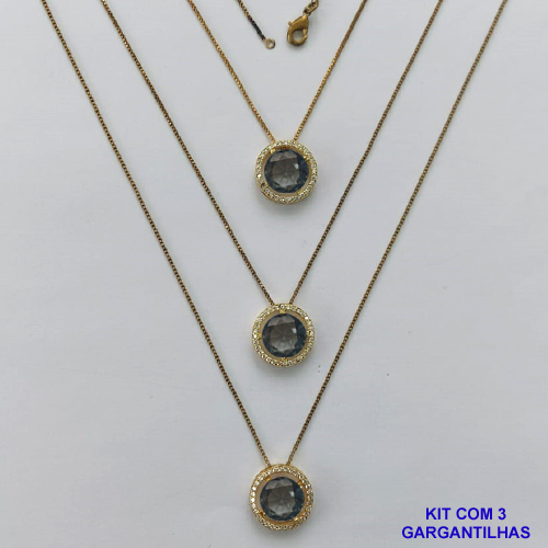 GARGANTILHA NO BRUTO PRONTA PARA O BANHO - KIT COM 3 GARGANTILHAS COM CORRENTES VENEZIANA 45CM E PINGENTES COM BASES EM ALTA FUSÃO REDONDAS CRAVEJADAS COM MICROS ZIRCÔNIAS CRISTAIS E PEDRA EM ZIRCÔNIA FUMÊ 10MM - PESO TOTAL 9,4GR - BR15843