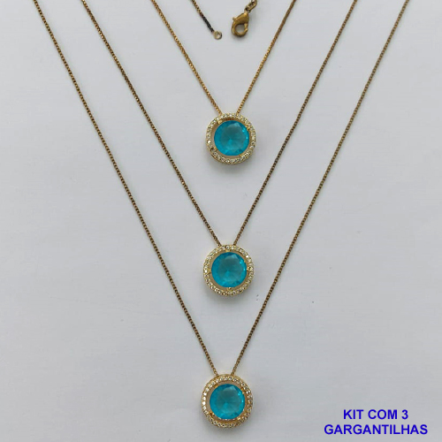 GARGANTILHA NO BRUTO PRONTA PARA O BANHO - KIT COM 3 GARGANTILHAS COM CORRENTES VENEZIANA 45CM E PINGENTES COM BASES EM ALTA FUSÃO REDONDAS CRAVEJADAS COM MICROS ZIRCÔNIAS CRISTAIS E PEDRA EM ZIRCÔNIA AZUL 10MM - PESO TOTAL 9,4GR - BR15844