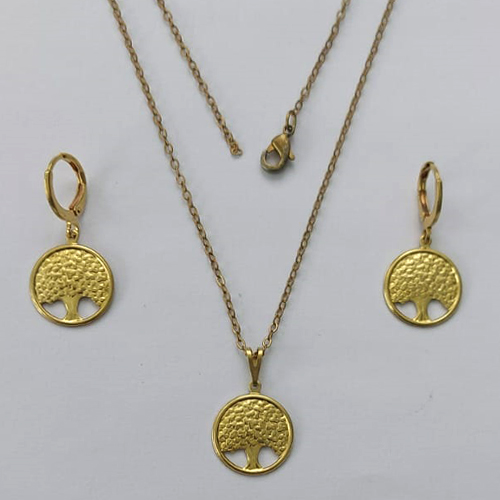 CONJUNTO NO BRUTO PRONTO PARA O BANHO - (E2949) CONJUNTO COM CORRENTE CADEADO 45CM E BRINCO ARGOLINHA DE PRESSÃO E PINGENTES ÁRVORE DA VIDA 15MM - PESO: 3,6GR - COMPOSIÇÃO: 100% LATÃO - BRU15870