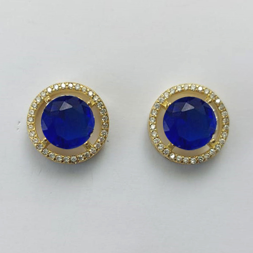 BRINCO NO BRUTO PRONTO PARA O BANHO - BRINCO DE PINO COM BASE EM ALTA FUSÃO REDONDA CRAVEJADA COM MICROS ZIRCÔNIAS CRISTAIS E PEDRA EM ZIRCÔNIA AZUL TURQUESA 10MM - PESO TOTAL 5,3GR BRU15890