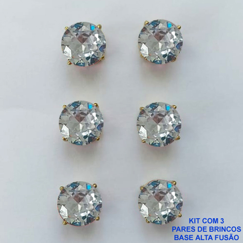 BRINCO NO BRUTO PRONTO PARA O BANHO - KIT COM 3 BRINCOS DE PINO COM ZIRCÔNIA REDONDA CRISTAL 10X10MM - PESO TOTAL 10,3GR - BRU15917