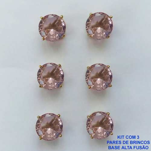 BRINCO NO BRUTO PRONTO PARA O BANHO - KIT COM 3 BRINCOS DE PINO COM ZIRCÔNIA REDONDA ROSA 10X10MM - PESO TOTAL 10,3GR - BRU15918
