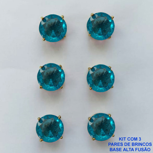 BRINCO NO BRUTO PRONTO PARA O BANHO - KIT COM 3 BRINCOS DE PINO COM ZIRCÔNIA REDONDA AZUL 10X10MM - PESO TOTAL 10,3GR - BRU15921