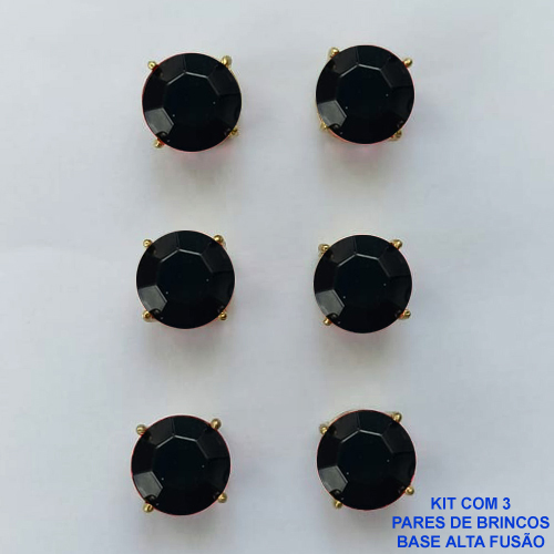 BRINCO NO BRUTO PRONTO PARA O BANHO - KIT COM 3 BRINCOS DE PINO COM ZIRCÔNIA REDONDA PRETA 10X10MM - PESO TOTAL 10,3GR - BRU15922
