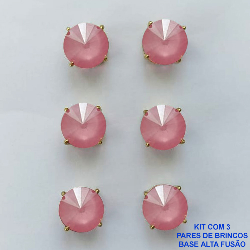 BRINCO NO BRUTO PRONTO PARA O BANHO - KIT COM 3 BRINCOS DE PINO COM ZIRCÔNIA REDONDA ROSA 10X10MM - PESO TOTAL 10,3GR - BRU15924