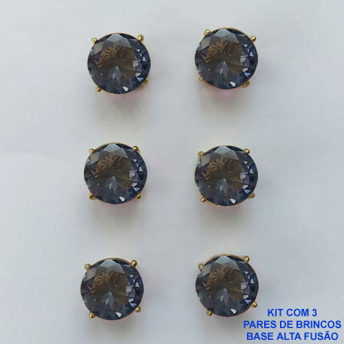 BRINCO NO BRUTO PRONTO PARA O BANHO - KIT COM 3 BRINCOS DE PINO COM ZIRCÔNIA LILAS REDONDA 10X10MM - PESO TOTAL 10,3GR - BRU15926