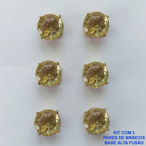 BRINCO NO BRUTO PRONTO PARA O BANHO - KIT COM 3 BRINCOS DE PINO COM ZIRCÔNIA AMARELA REDONDA 10X10MM - PESO TOTAL 10,3GR - BRU15927