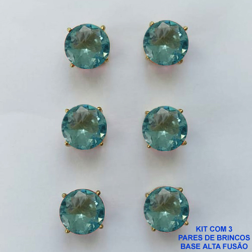 BRINCO NO BRUTO PRONTO PARA O BANHO - KIT COM 3 BRINCOS DE PINO COM ZIRCÔNIA AZUL CLARA REDONDA 10X10MM - PESO TOTAL 10,3GR - BRU15929