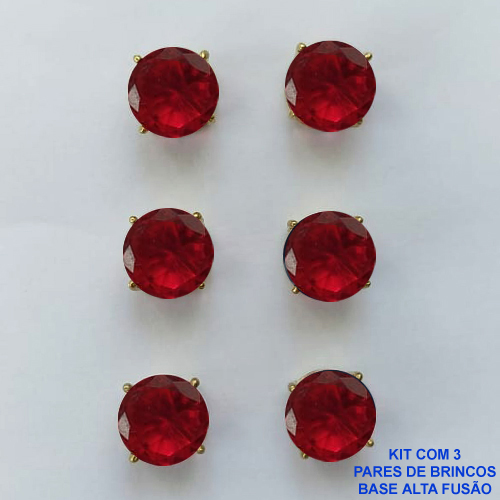 BRINCO NO BRUTO PRONTO PARA O BANHO - KIT COM 3 BRINCOS DE PINO COM ZIRCÔNIA VERMELHA REDONDA 10X10MM - PESO TOTAL 10,3GR - BRU15931