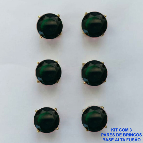 BRINCO NO BRUTO PRONTO PARA O BANHO - KIT COM 3 BRINCOS DE PINO COM ZIRCÔNIA VERDE ESCURA REDONDA 10X10MM - PESO TOTAL 10,3GR - BRU15932