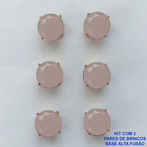 BRINCO NO BRUTO PRONTO PARA O BANHO - KIT COM 3 BRINCOS DE PINO COM ZIRCÔNIA ROSA LEITOSA REDONDA 10X10MM - PESO TOTAL 10,3GR - BRU15933
