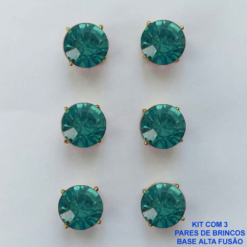 BRINCO NO BRUTO PRONTO PARA O BANHO - KIT COM 3 BRINCOS DE PINO COM ZIRCÔNIA AZUL REDONDA 10X10MM - PESO TOTAL 10,3GR - BRU15934