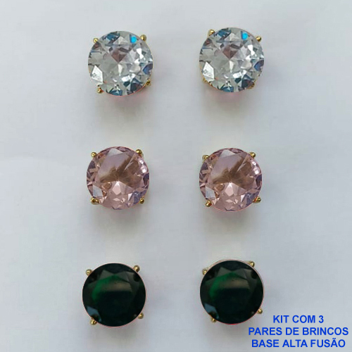 BRINCO NO BRUTO PRONTO PARA O BANHO - KIT COM 3 BRINCOS DE PINO COM ZIRCÔNIA REDONDA 10X10MM - PESO TOTAL 10,3GR - BRU15935