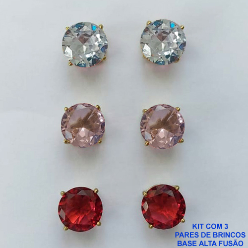 BRINCO NO BRUTO PRONTO PARA O BANHO - KIT COM 3 BRINCOS DE PINO COM ZIRCÔNIA REDONDA 10X10MM - PESO TOTAL 10,3GR - BRU15936