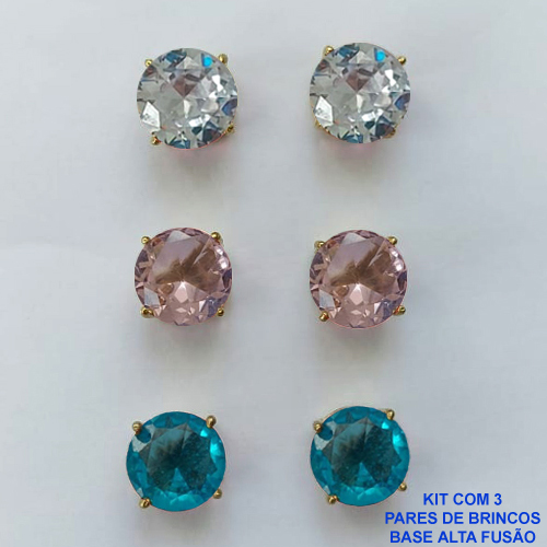 BRINCO NO BRUTO PRONTO PARA O BANHO - KIT COM 3 BRINCOS DE PINO COM ZIRCÔNIA REDONDA 10X10MM - PESO TOTAL 10,3GR - BRU15937