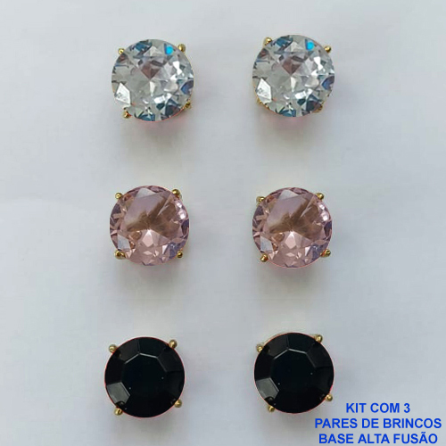 BRINCO NO BRUTO PRONTO PARA O BANHO - KIT COM 3 BRINCOS DE PINO COM ZIRCÔNIA REDONDA 10X10MM - PESO TOTAL 10,3GR - BRU15938