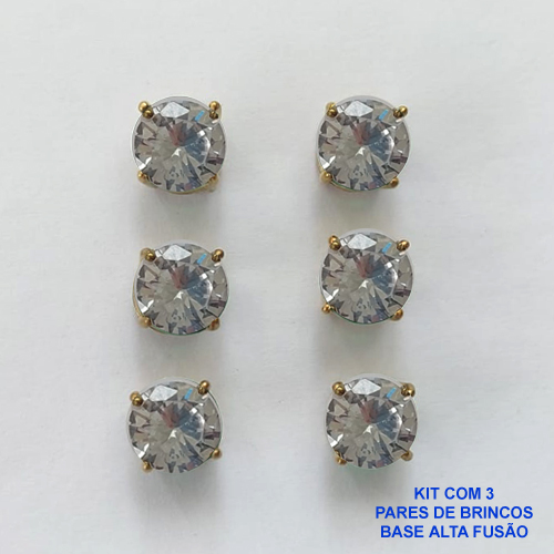 BRINCO NO BRUTO PRONTO PARA O BANHO - KIT COM 3 BRINCOS DE PINO COM BASE EM ALTA FUSÃO E COM ZIRCÔNIA CRISTAL REDONDA 8X8MM - PESO TOTAL 6,8GR - BRU15939