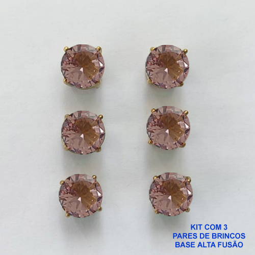 BRINCO NO BRUTO PRONTO PARA O BANHO - KIT COM 3 BRINCOS DE PINO COM BASE EM ALTA FUSÃO E COM ZIRCÔNIA ROSA REDONDA 8X8MM - PESO TOTAL 6,8GR - BRU15940