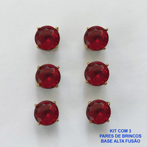 BRINCO NO BRUTO PRONTO PARA O BANHO - KIT COM 3 BRINCOS DE PINO COM BASE EM ALTA FUSÃO E COM ZIRCÔNIA VERMELHA REDONDA 8X8MM - PESO TOTAL 6,8GR - BRU15942