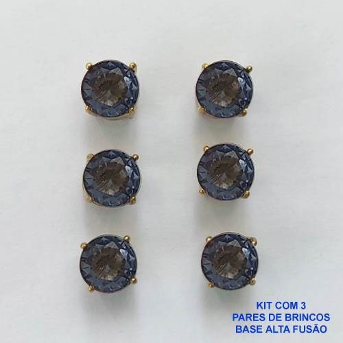 BRINCO NO BRUTO PRONTO PARA O BANHO - KIT COM 3 BRINCOS DE PINO COM BASE EM ALTA FUSÃO E COM ZIRCÔNIA LILÁS REDONDA 8X8MM - PESO TOTAL 6,8GR - BRU15944