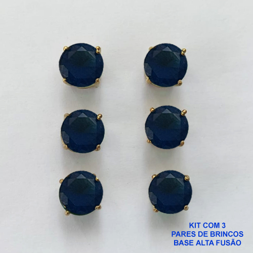 BRINCO NO BRUTO PRONTO PARA O BANHO - KIT COM 3 BRINCOS DE PINO COM BASE EM ALTA FUSÃO E COM ZIRCÔNIA AZUL ESCURA REDONDA 8X8MM - PESO TOTAL 6,8GR - BRU15946