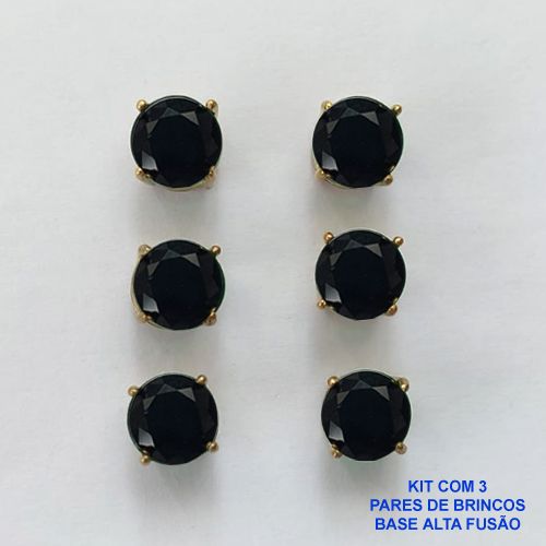 BRINCO NO BRUTO PRONTO PARA O BANHO - KIT COM 3 BRINCOS DE PINO COM BASE EM ALTA FUSÃO E COM ZIRCÔNIA PRETA REDONDA 8X8MM - PESO TOTAL 6,8GR - BRU15948