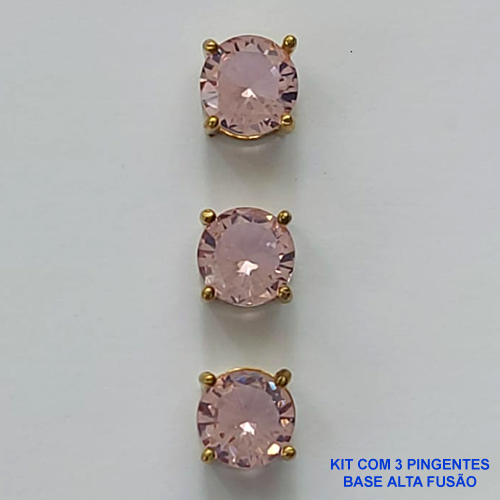 PINGENTE NO BRUTO PRONTO PARA O BANHO - KIT COM 3 PINGENTES COM BASES EM ALTA FUSÃO REDONDAS ZIRCÔNIAS ROSAS 8X8MM - PESO TOTAL 2,5GR - BRU15950