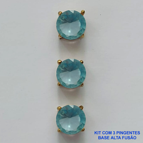 PINGENTE NO BRUTO PRONTO PARA O BANHO - KIT COM 3 PINGENTES COM BASES EM ALTA FUSÃO REDONDAS ZIRCÔNIAS AZUL CLARA 8X8MM - PESO TOTAL 2,5GR - BRU15953