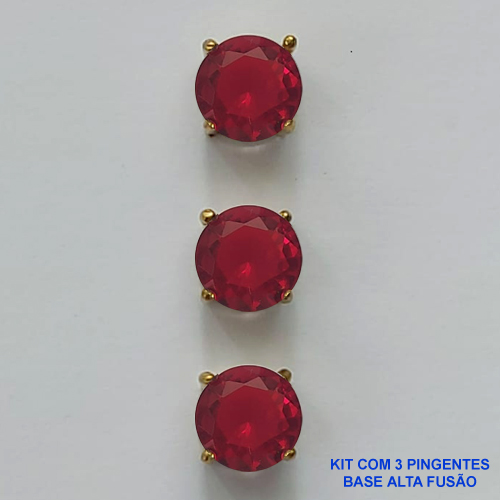 PINGENTE NO BRUTO PRONTO PARA O BANHO - KIT COM 3 PINGENTES COM BASES EM ALTA FUSÃO REDONDAS ZIRCÔNIAS VERMELHAS 8X8MM - PESO TOTAL 2,5GR - BRU15954