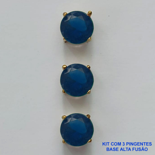 PINGENTE NO BRUTO PRONTO PARA O BANHO - KIT COM 3 PINGENTES COM BASES EM ALTA FUSÃO REDONDAS ZIRCÔNIAS AZUL ESCURA 8X8MM - PESO TOTAL 2,5GR - BRU15958