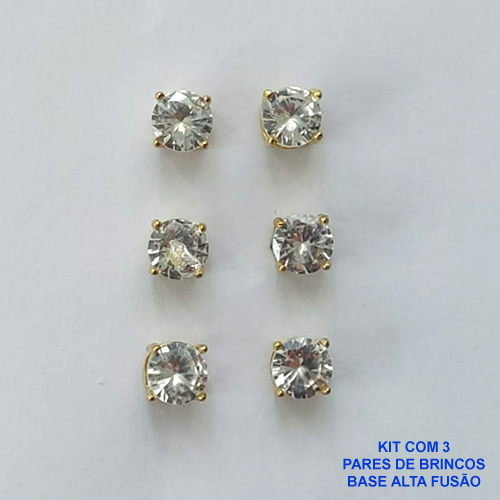 BRINCO NO BRUTO PRONTO PARA O BANHO - KIT COM 3 BRINCOS DE PINO COM BASE EM ALTA FUSÃO COM ZIRCÔNIA CRISTAL REDONDA 6X6MM - PESO TOTAL 3,4GR - BRU15959