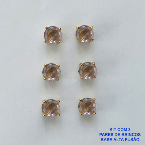 BRINCO NO BRUTO PRONTO PARA O BANHO - KIT COM 3 BRINCOS DE PINO COM BASE EM ALTA FUSÃO COM ZIRCÔNIA ROSA REDONDA 6X6MM - PESO TOTAL 3,4GR - BRU15960