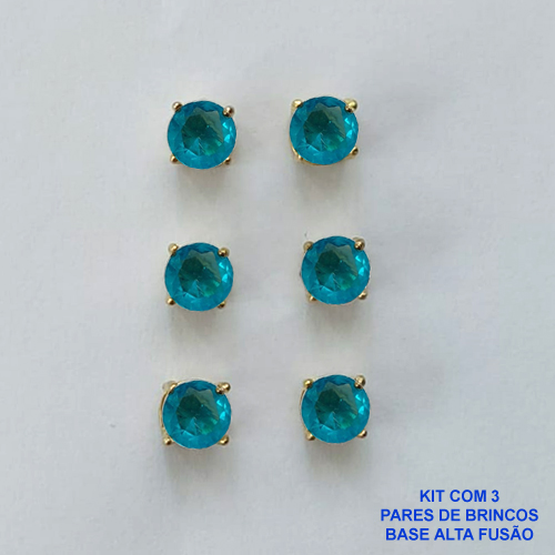 BRINCO NO BRUTO PRONTO PARA O BANHO - KIT COM 3 BRINCOS DE PINO COM BASE EM ALTA FUSÃO COM ZIRCÔNIA AZUL REDONDA 6X6MM - PESO TOTAL 3,4GR - BRU15961