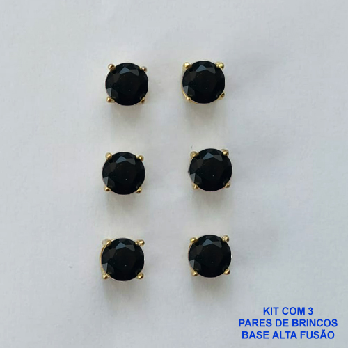 BRINCO NO BRUTO PRONTO PARA O BANHO - KIT COM 3 BRINCOS DE PINO COM BASE EM ALTA FUSÃO COM ZIRCÔNIA PRETA REDONDA 6X6MM - PESO TOTAL 3,4GR - BRU15962
