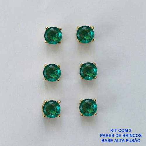 BRINCO NO BRUTO PRONTO PARA O BANHO - KIT COM 3 BRINCOS DE PINO COM BASE EM ALTA FUSÃO COM ZIRCÔNIA VERDE CLARA REDONDA 6X6MM - PESO TOTAL 3,4GR - BRU15963