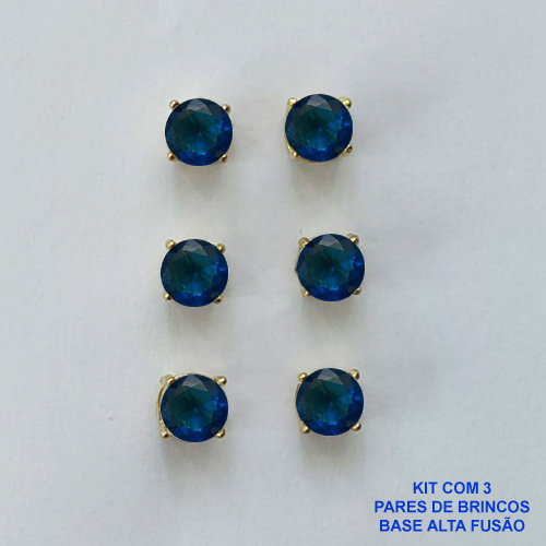 BRINCO NO BRUTO PRONTO PARA O BANHO - KIT COM 3 BRINCOS DE PINO COM BASE EM ALTA FUSÃO COM ZIRCÔNIA AZUL ESCURA REDONDA 6X6MM - PESO TOTAL 3,4GR - BRU15965