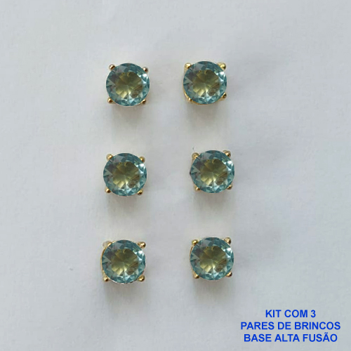 BRINCO NO BRUTO PRONTO PARA O BANHO - KIT COM 3 BRINCOS DE PINO COM BASE EM ALTA FUSÃO COM ZIRCÔNIA AZUL CLARA REDONDA 6X6MM - PESO TOTAL 3,4GR - BRU15967