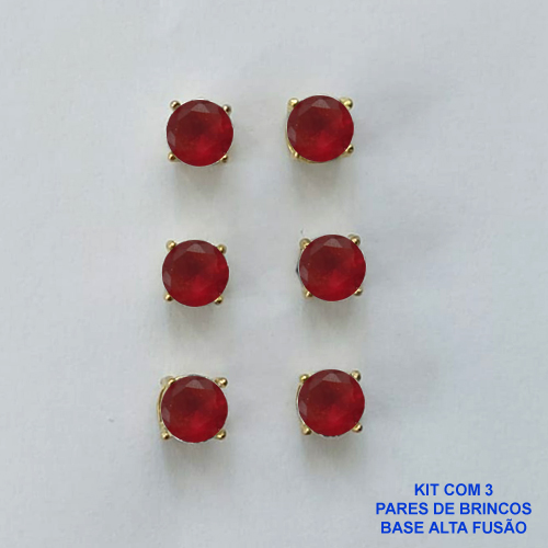 BRINCO NO BRUTO PRONTO PARA O BANHO - KIT COM 3 BRINCOS DE PINO COM BASE EM ALTA FUSÃO COM ZIRCÔNIA VERMELHA REDONDA 6X6MM - PESO TOTAL 3,4GR - BRU15968