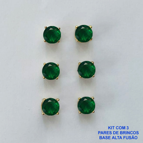 BRINCO NO BRUTO PRONTO PARA O BANHO - KIT COM 3 BRINCOS DE PINO COM BASE EM ALTA FUSÃO COM ZIRCÔNIA VERDE REDONDA 6X6MM - PESO TOTAL 3,4GR - BRU15969