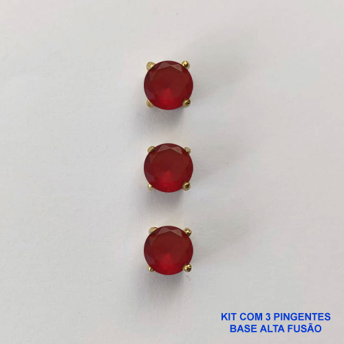 PINGENTE NO BRUTO PRONTO PARA O BANHO - KIT COM 3 PINGENTES COM BASES EM ALTA FUSÃO REDONDAS ZIRCÔNIAS VERMELHAS 6X6MM - PESO TOTAL 1,5GR - BRU15979