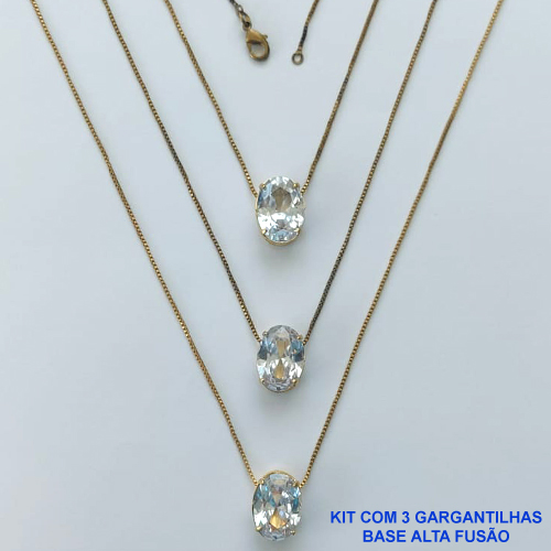 GARGANTILHA NO BRUTO PRONTA PARA O BANHO - KIT COM 3 GARGANTILHAS COM CORRENTES VENEZIANAS 45CM COM BASES EM LATÃO E PINGENTE EM ZIRCÔNIA CRISTAL OVAL 10X14CM - PESO TOTAL 9GR - BRU15981