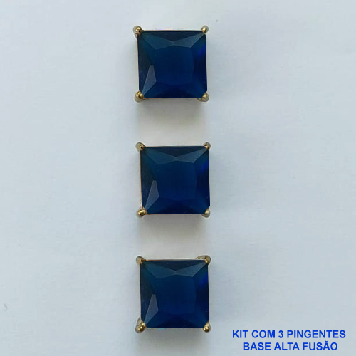 PINGENTE NO BRUTO PRONTO PARA O BANHO - KIT COM 3 PINGENTES COM BASES EM ALTA FUSÃO COM ZIRCÔNIAS QUADRADAS AZUIS ESCURAS 10X10MM - PESO TOTAL 6,8GR - BRU15989
