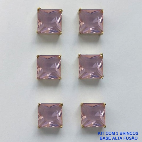 BRINCO NO BRUTO PRONTO PARA O BANHO - KIT COM 3 BRINCOS DE PINO COM BASE EM ALTA FUSÃO COM ZIRCÔNIA ROSA QUADRADA 10X10MM - PESO TOTAL 14,2GR - BRU15992