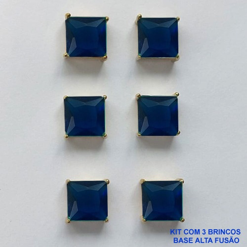 BRINCO NO BRUTO PRONTO PARA O BANHO - KIT COM 3 BRINCOS DE PINO COM BASE EM ALTA FUSÃO COM ZIRCÔNIA AZUL ESCURA QUADRADA 10X10MM - PESO TOTAL 14,2GR - BRU15993