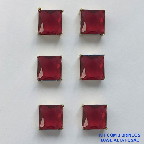BRINCO NO BRUTO PRONTO PARA O BANHO - KIT COM 3 BRINCOS DE PINO COM BASE EM ALTA FUSÃO COM ZIRCÔNIA VERMELHA QUADRADA 10X10MM - PESO TOTAL 14,2GR - BRU15994
